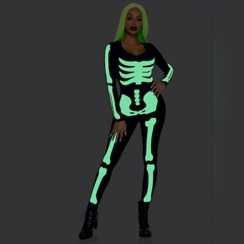NIB Women's Leg Avenue Halloween Glow In The Dark Skeleton Catsuit Size Small